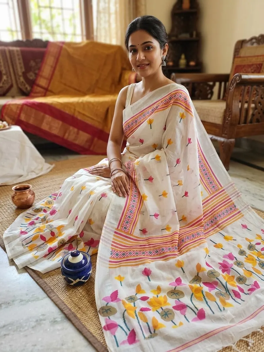 Off White Linen Cotton Saree with Multicolor Floral Print and Pink Orange Border